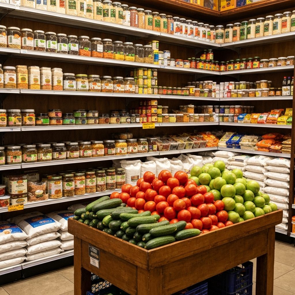 Colourful shelves of an Indian grocery store stocked with spices, lentils, and fresh produce