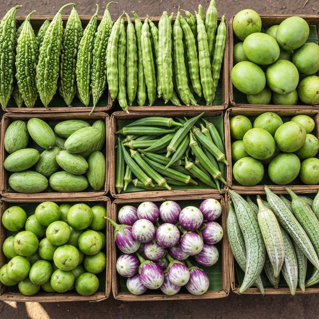 Vibrant fresh South Asian vegetables and fruits including bitter melon, okra, snake gourd and curry leaves